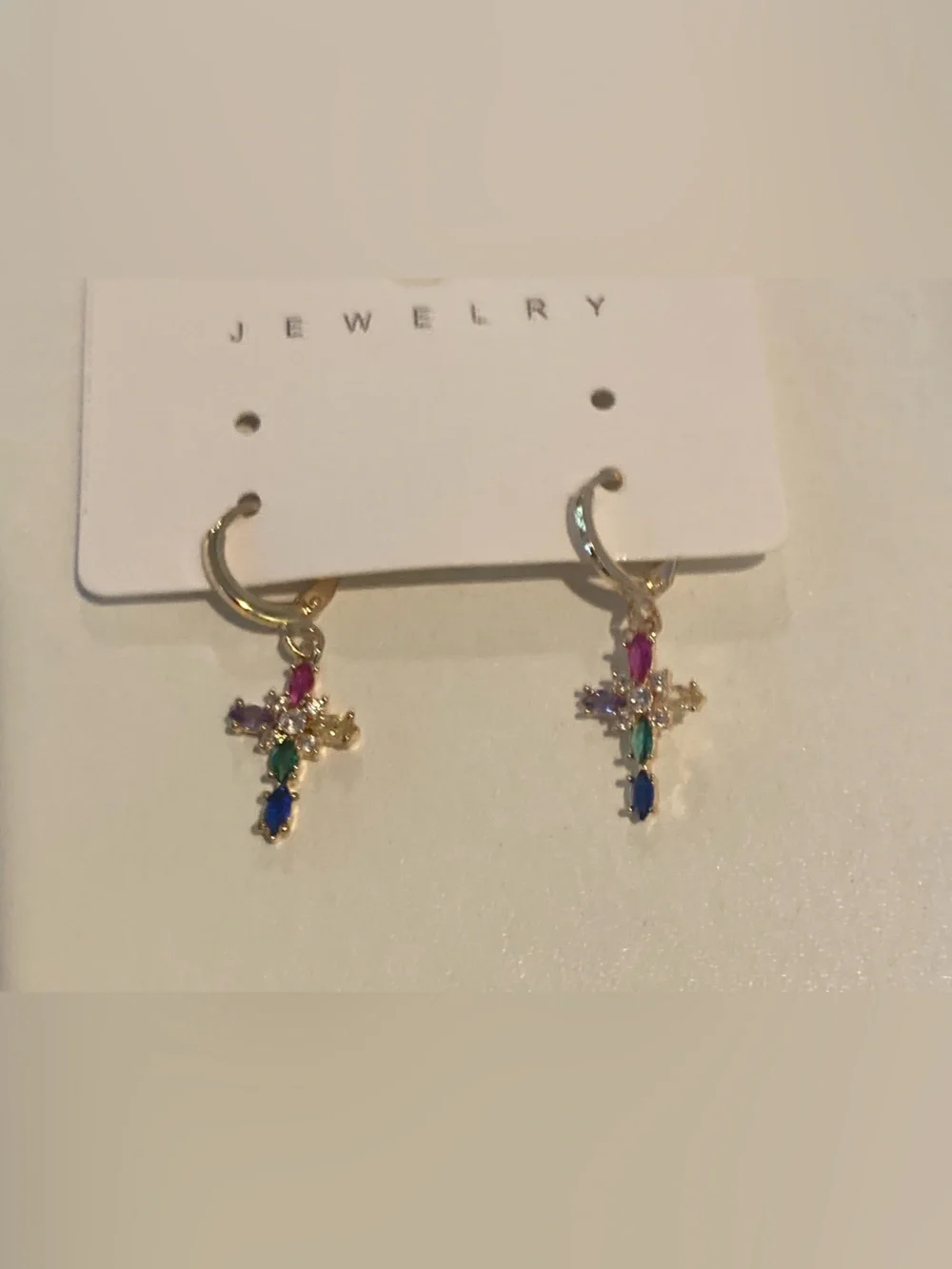 Gold Multicolor Cross CZ Drop Earrings -_6
